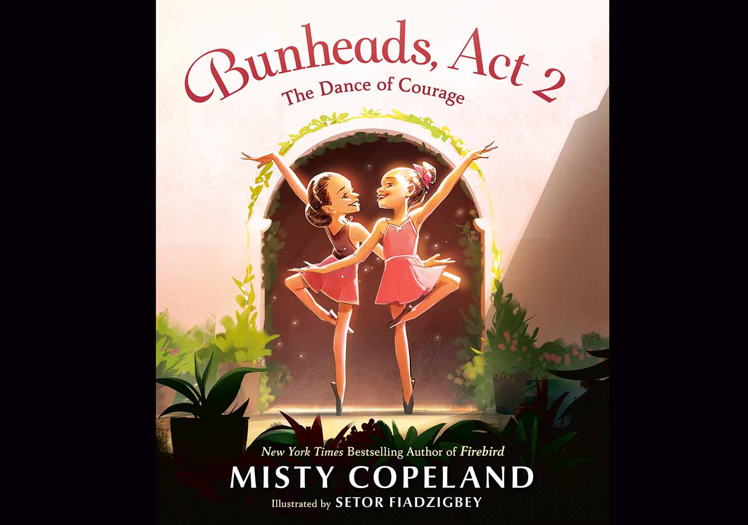 The cover of Bunheads, Act 2 shows two young ballet dancers smiling at each other as they both dance en pointe.