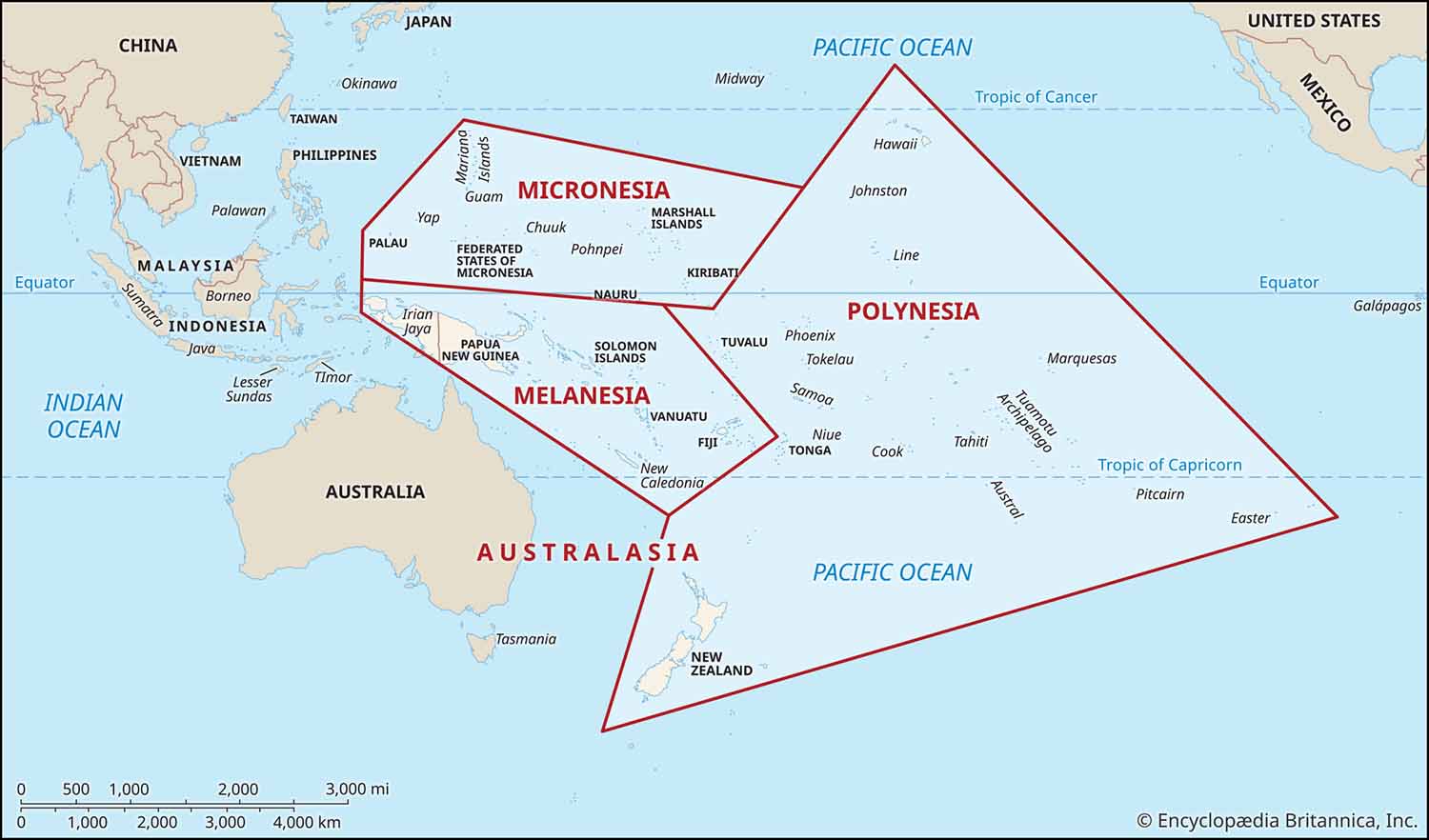 A map shows the islands of the Pacific Ocean and marks the Melanesia, Micronesia, and Polynesia regions.