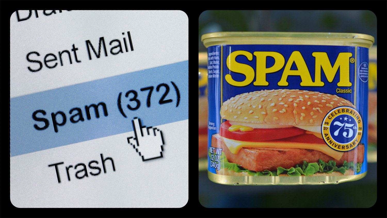 Side by side images show an icon pointing to the Spam folder in an email account and a can of SPAM meat.