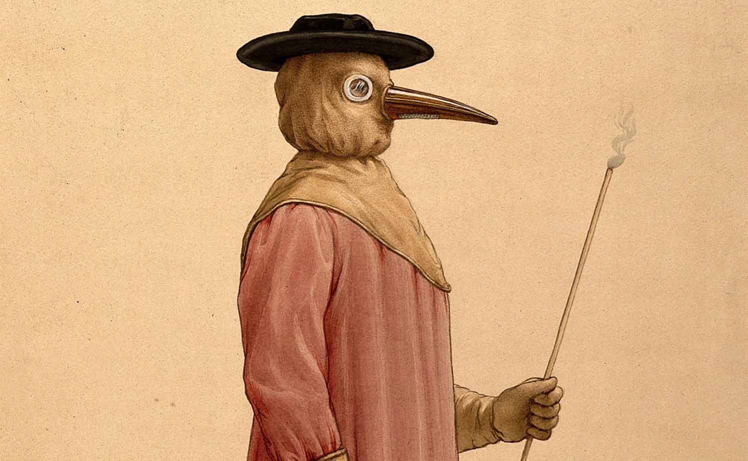 A painting shows a person in a bird mask, hat, and long robe, holding a long wand.