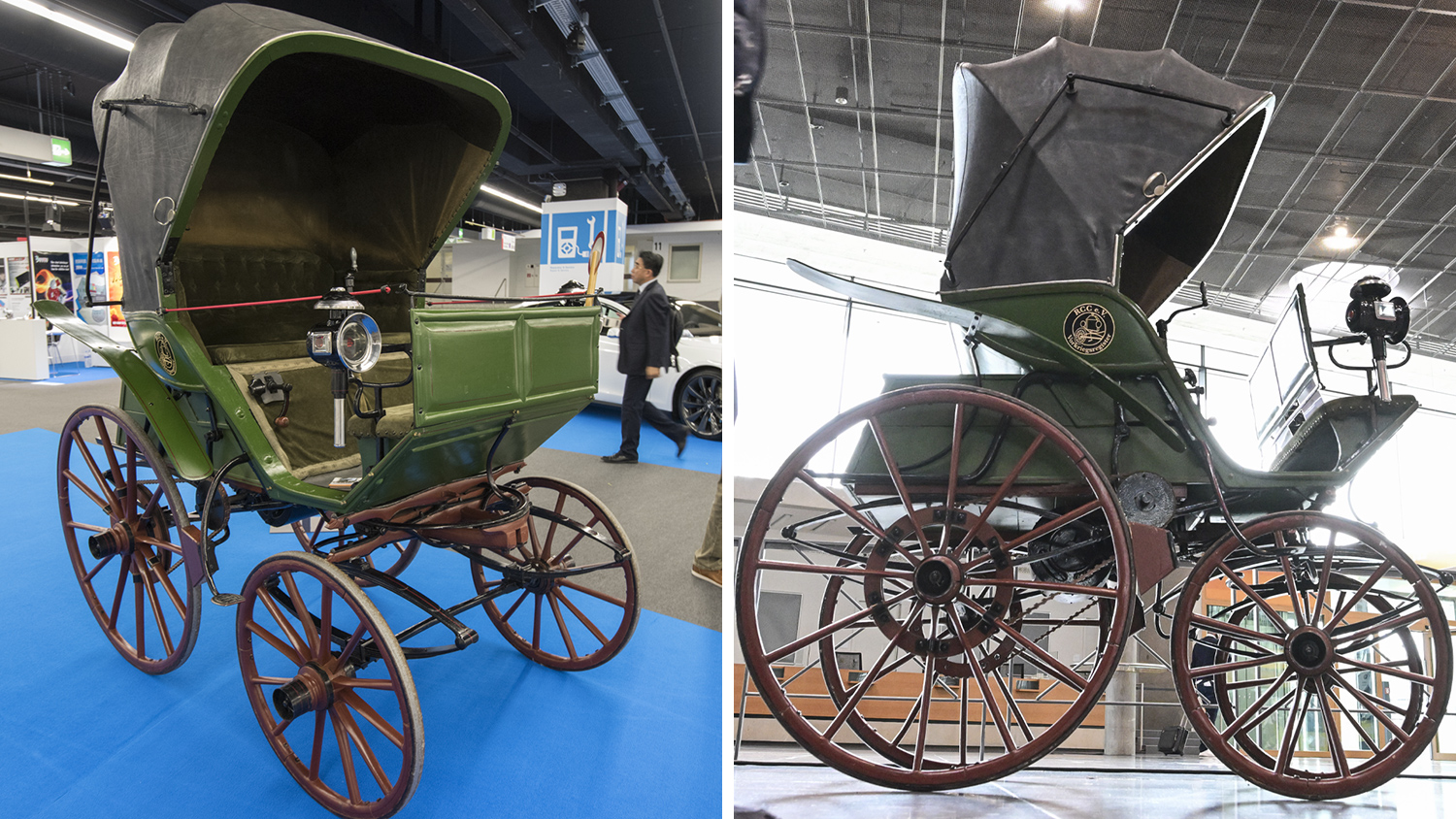 Side by side images of the Flocken Elektrowagen on display show it resembles a buggy with no horses.