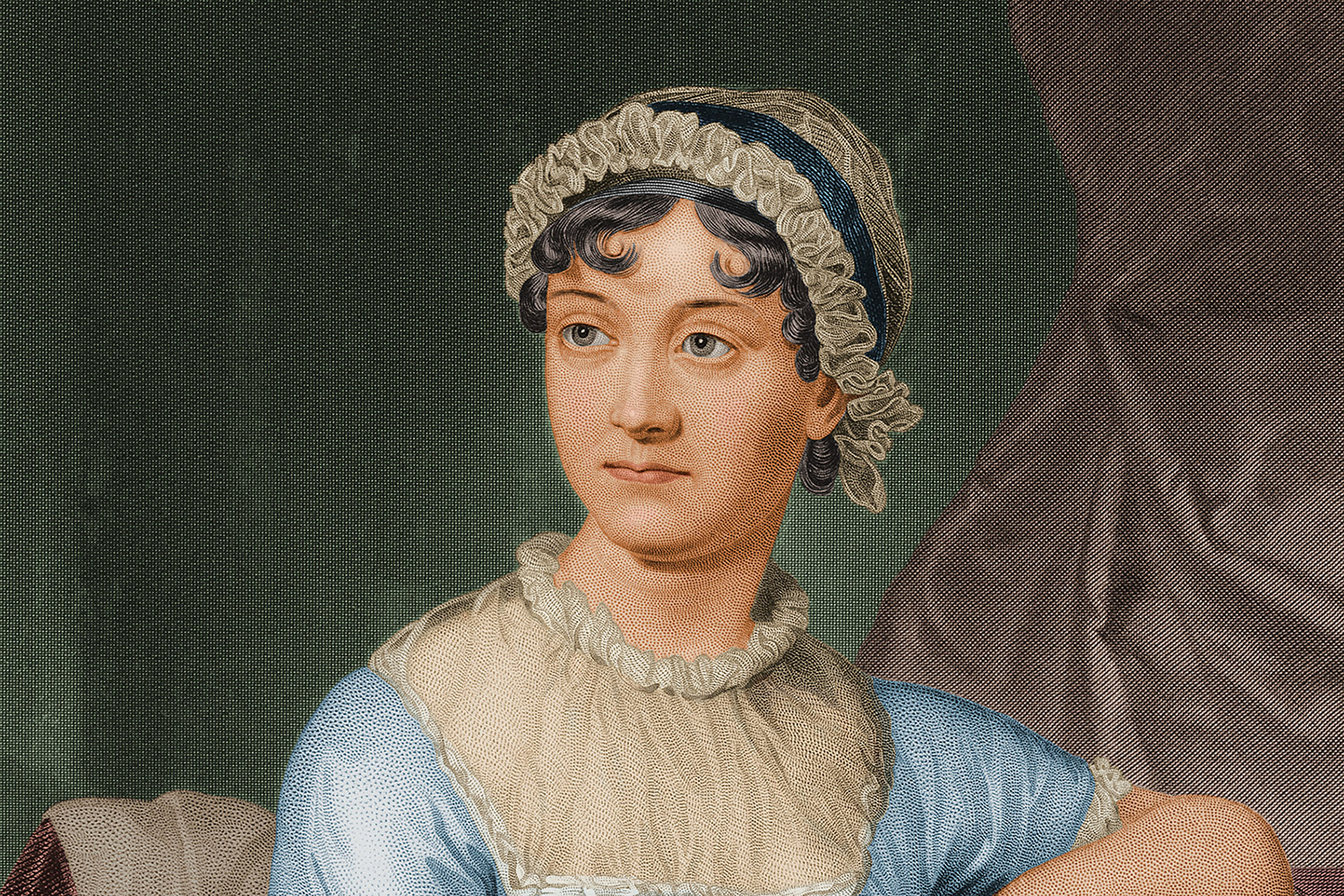 The top part of a color portrait of Jane Austen shows the author wearing a white cap and blue dress.