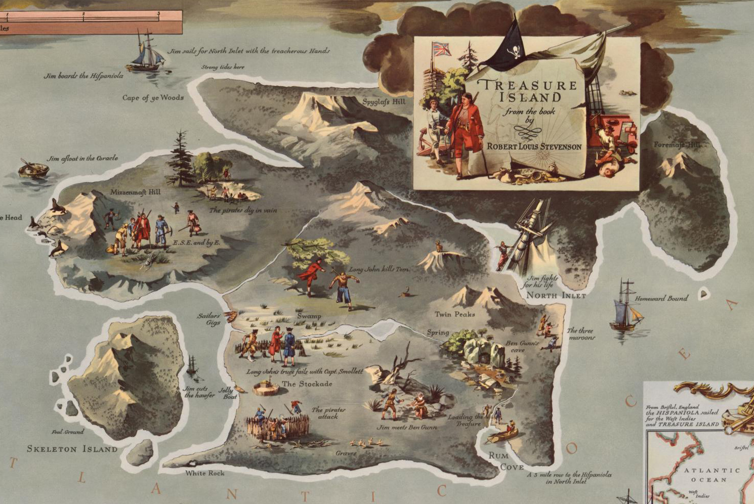 An illustrated treasure map is labeled Treasure Island and credited as having come from Robert Louis Stevenson’s book.