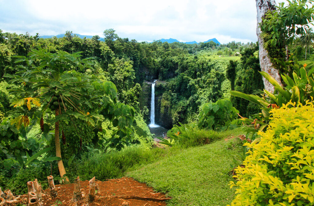 A waterfall is surrounded by lush green trees and vegetation with hills or mountains in the background.