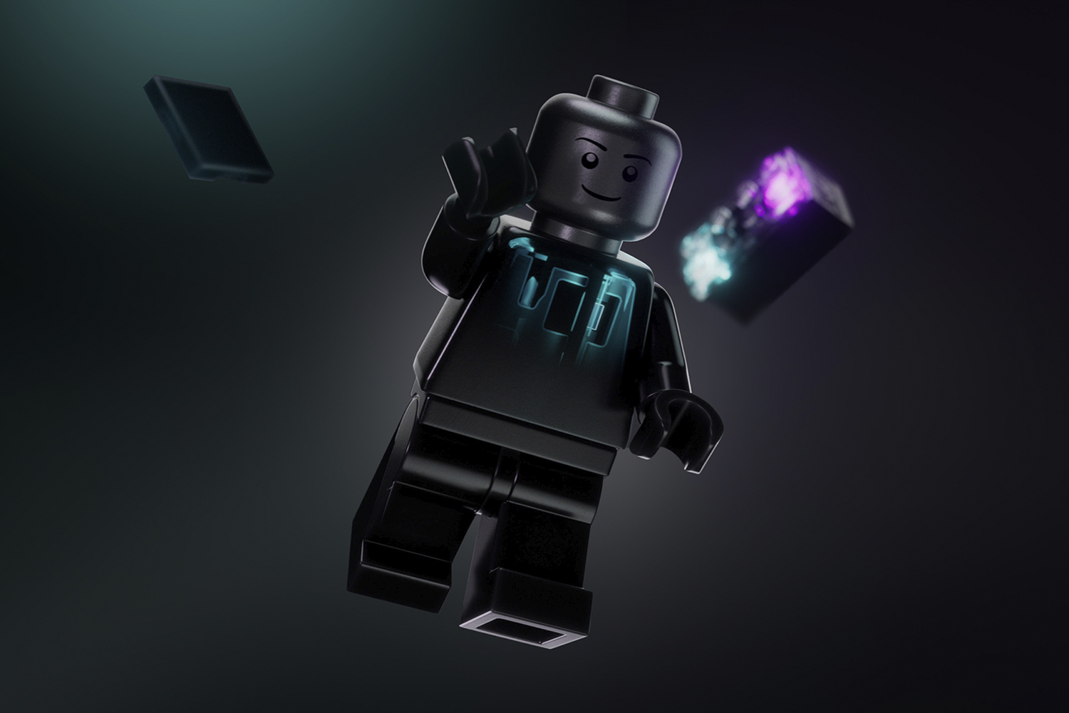 Against a dark background, a Darth Vader minifigure appears to have thrown a LEGO brick that is lit up in two colors.