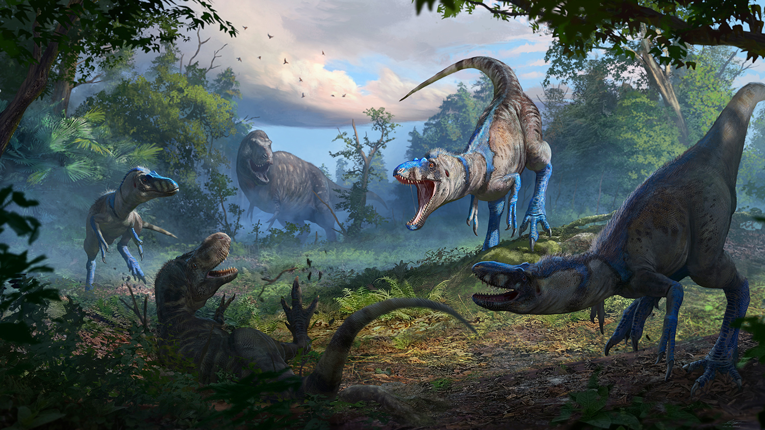 A pack of Nanotyrannus dinosaurs attack a juvenile T. rex.
