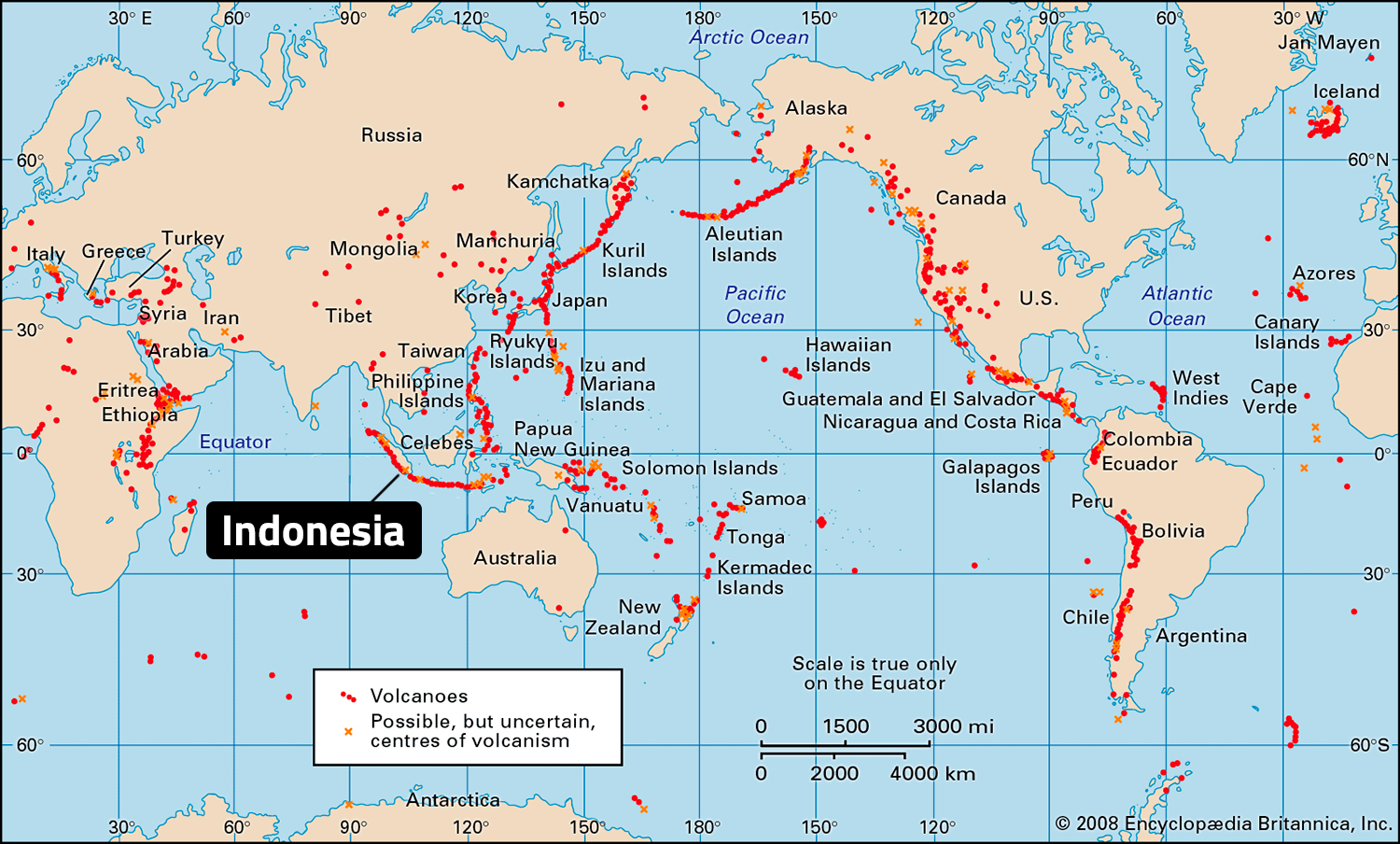 A world map with Indonesia labeled uses red dots to indicate volcanoes with most red dots ringing the Pacific Ocean.