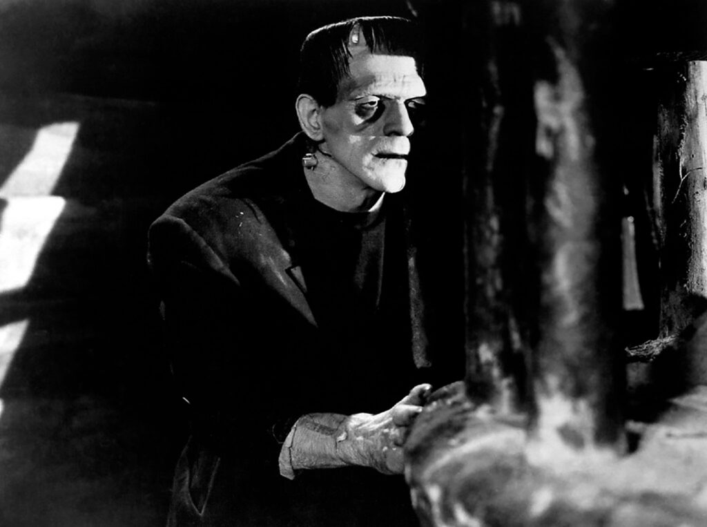 A black and white image of Frankenstein’s monster from the 1931 movie Frankenstein.