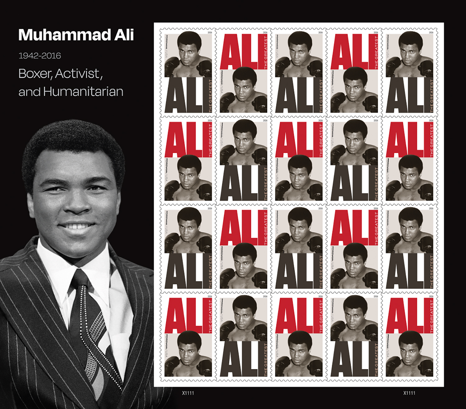 A portrait of Muhammad Ali is positioned next to a sheet of postage stamps featuring his name and photo.