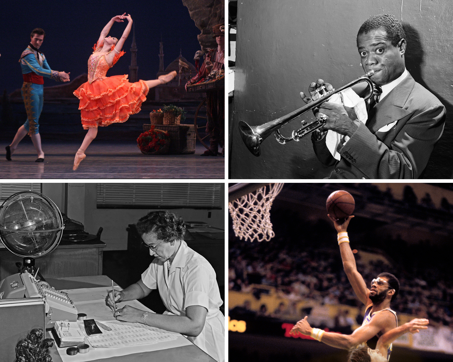 A composite of photos include Misty Copeland dancing, Louis Armstrong playing the trumpet, Katherine Johnson doing calculations at a desk, and Kareem Abdul-Jabar dunking a basketball during a game.