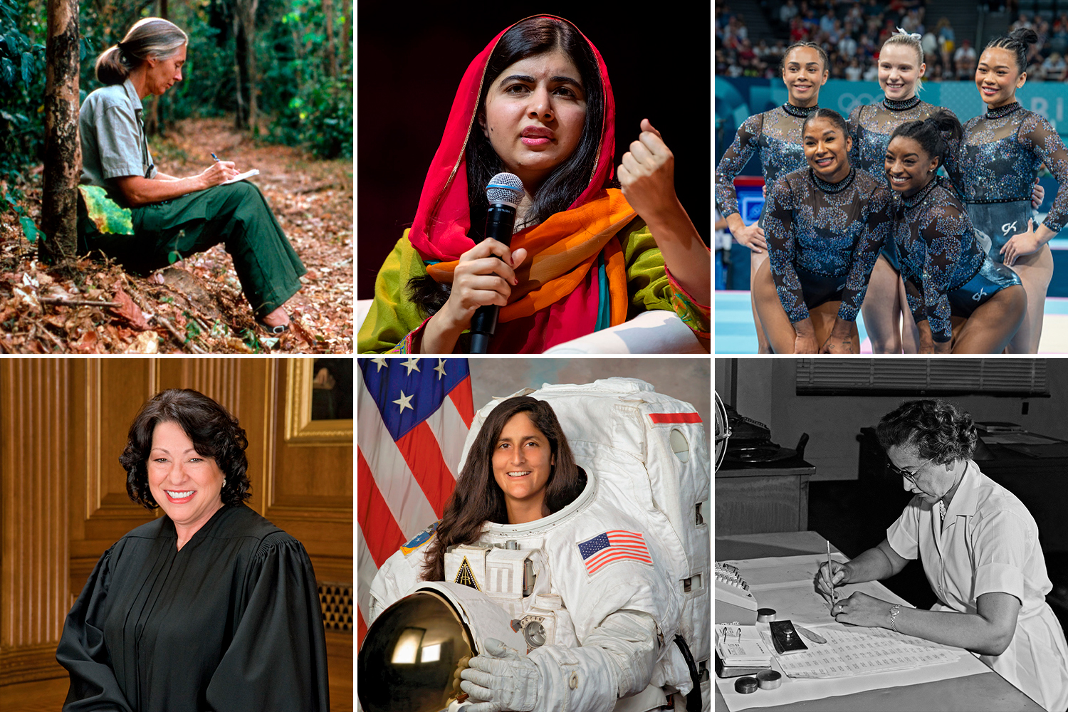 Composite showing Jane Goodall, the 2024 US Olympic gymnastics team, Malala Yousafzai, Sonia Sotomayor, Sunita Williams, Katherine Johnson