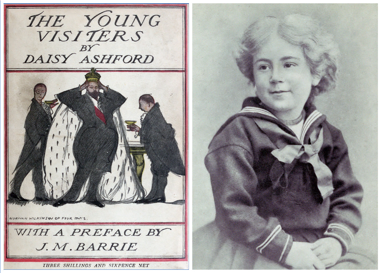 An image of young Daisy Ashford next to the cover of The Young Visiters.