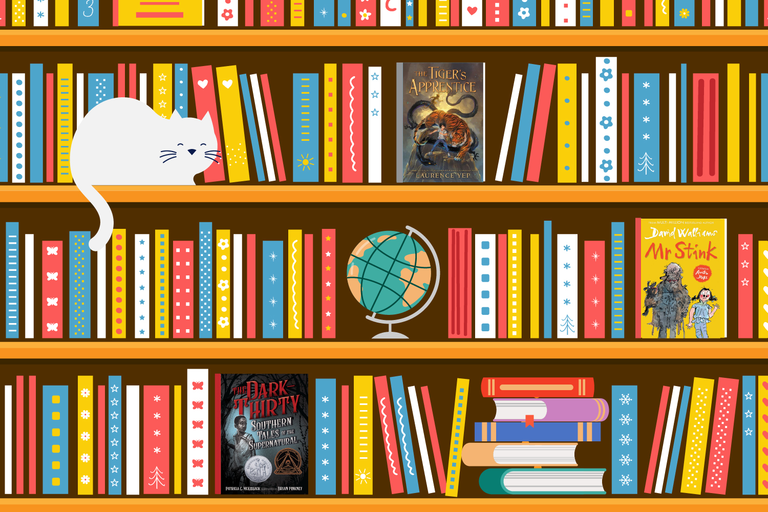 The covers of Mr. Stink, The Dark-Thirty, and The Tiger’s Apprentice sit on a bookshelf with many other books, a cat, and a globe.