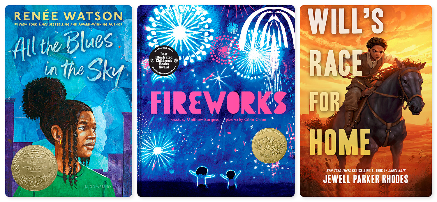 The book covers of All the Blues in the Sky, Fireworks, and Will’s Race for Home are shown side by side.