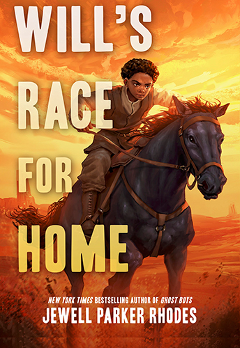A young boy rides a horse on a desert landscape against an orange and yellow sky.