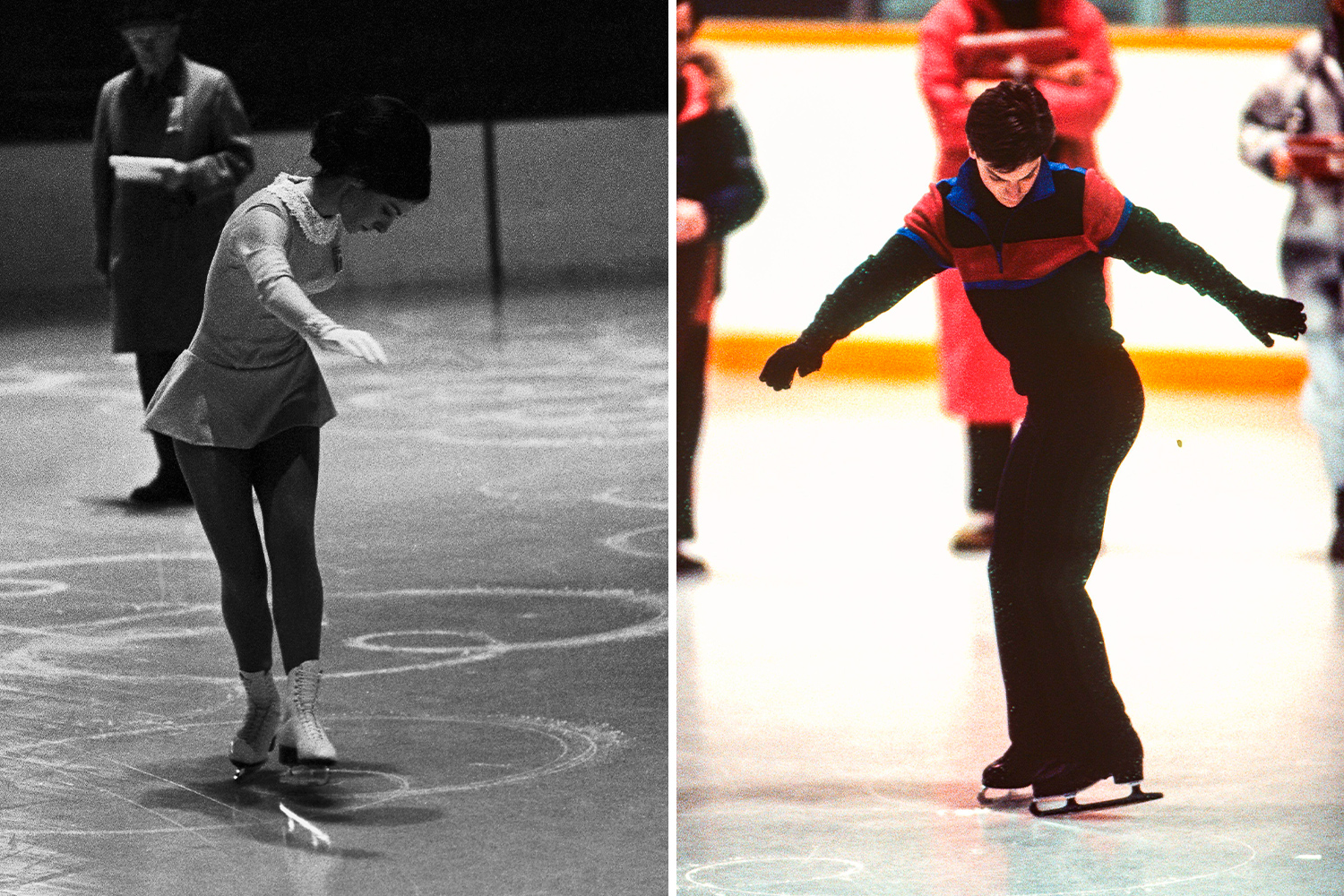 Side by side images show skaters Peggy Flemming and Paul Wylie doing compulsory figures as judges watch.