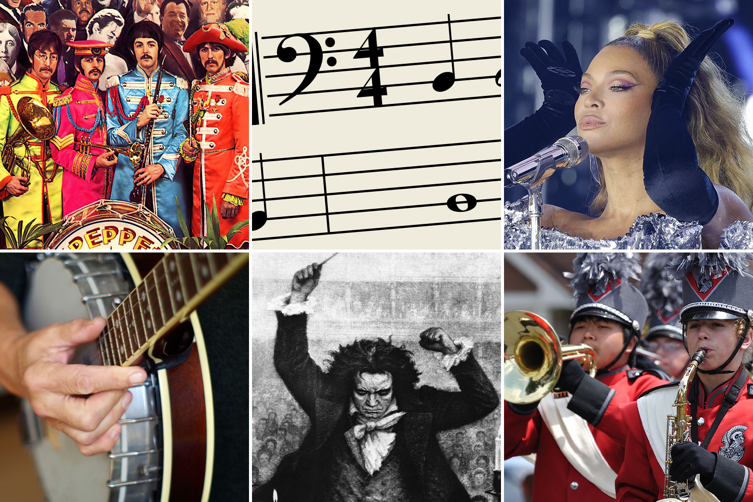 A composite of the Beatles, a musical staff, Beyonce, a banjo, Beethoven, and a marching band.