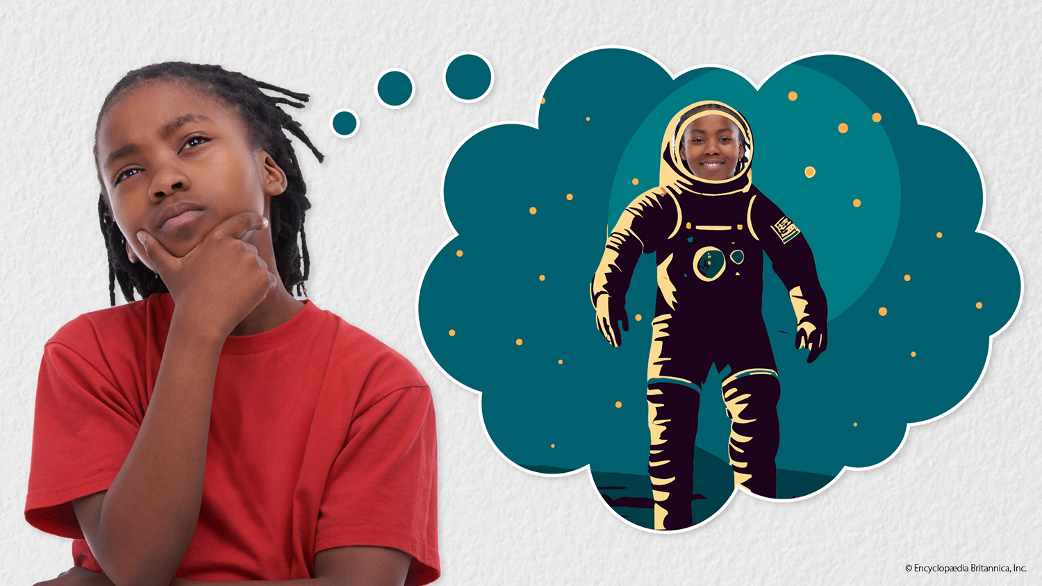 A child looks inquisitive as a thought bubble shows an image of the child as an astronaut.