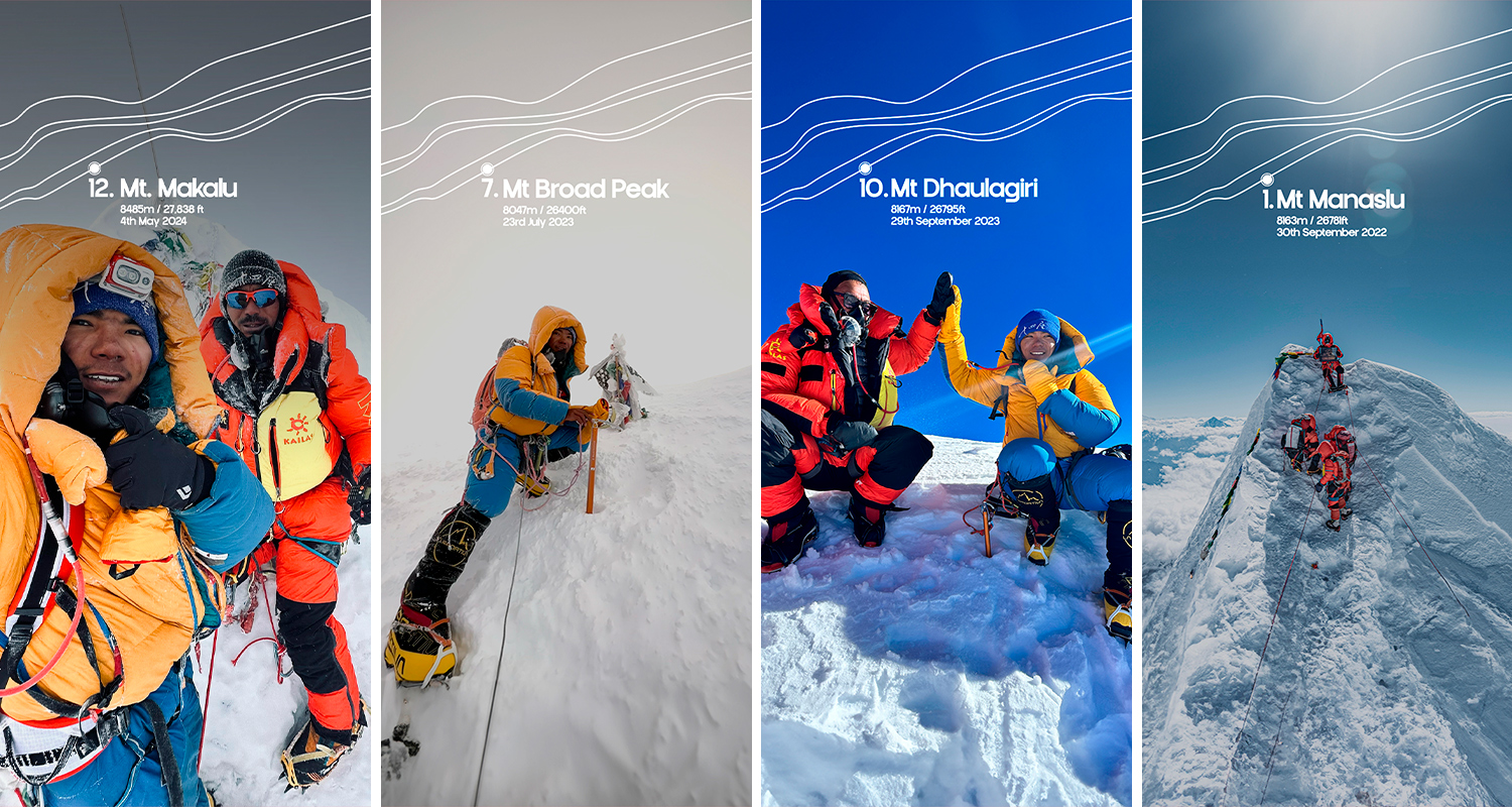Four images show Nima Rinji Sherpa and other climbers at the summits of four different mountains, which are labeled with their altitudes.