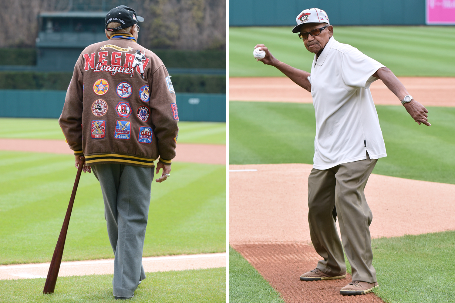 An older Ron Teasley walks away from the camera wearing a Negro Leagues jacket with many team patches, and an older Ron Teasley stands on a baseball field and is about to pitch a ball.