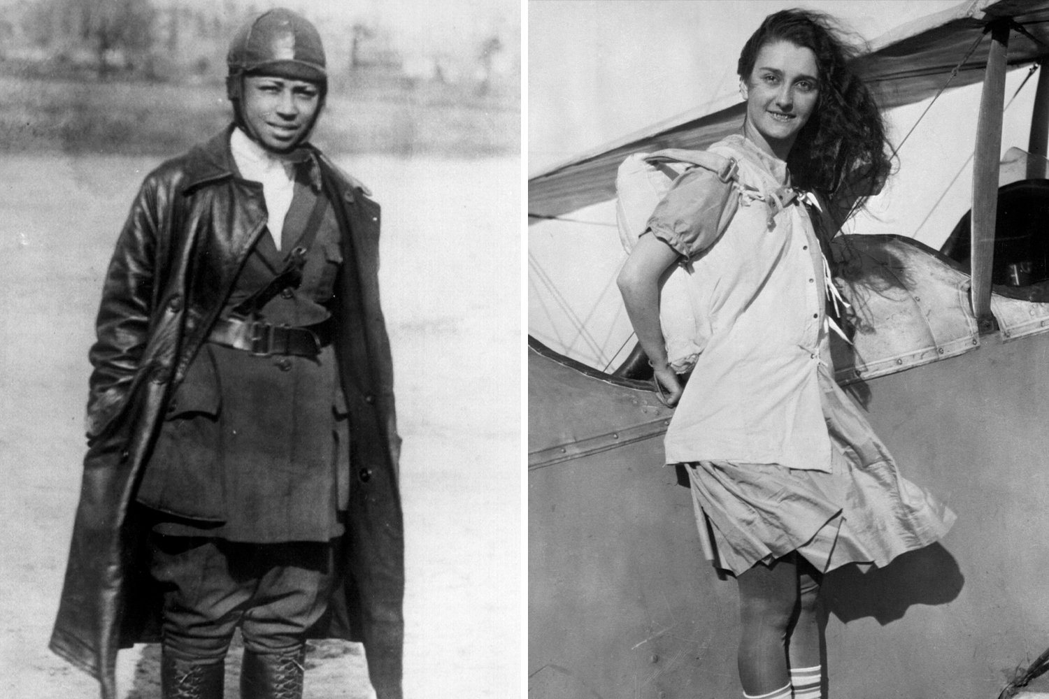 Bessie Coleman stands in flight clothing with leather coat and Georgia Broadwick poses by a plane.