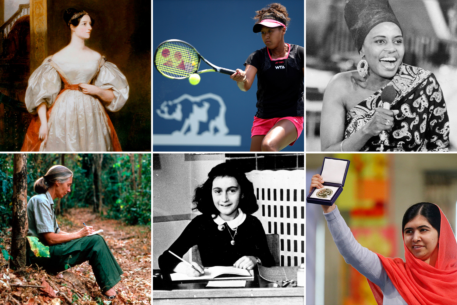 Composite showing Ada Lovelace, Naomi Osaka, Miriam Makeba, Jane Goodall, Anne Frank, and Malala Yousafzai.
