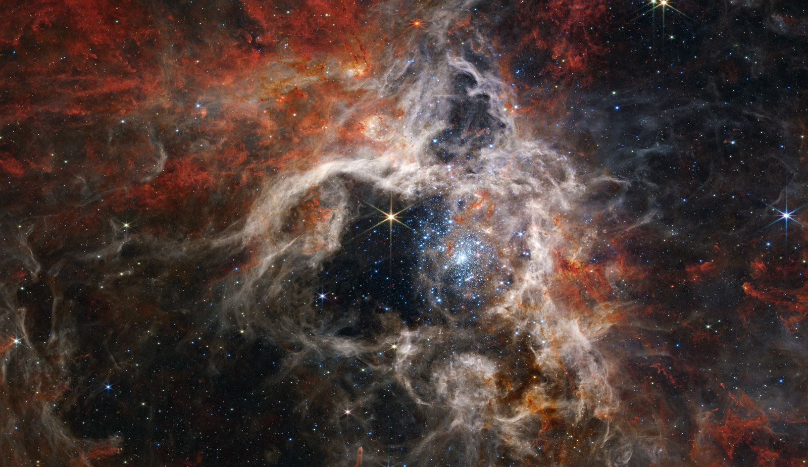 The Tarantula Nebula is shown as many stars and irregularly shaped dust and clouds that look white and orange.