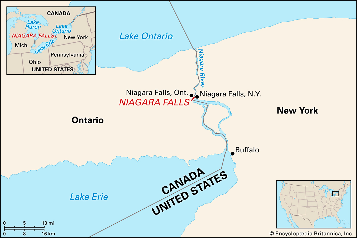 A map shows the location of Niagara Falls on the border between the United States and Canada.