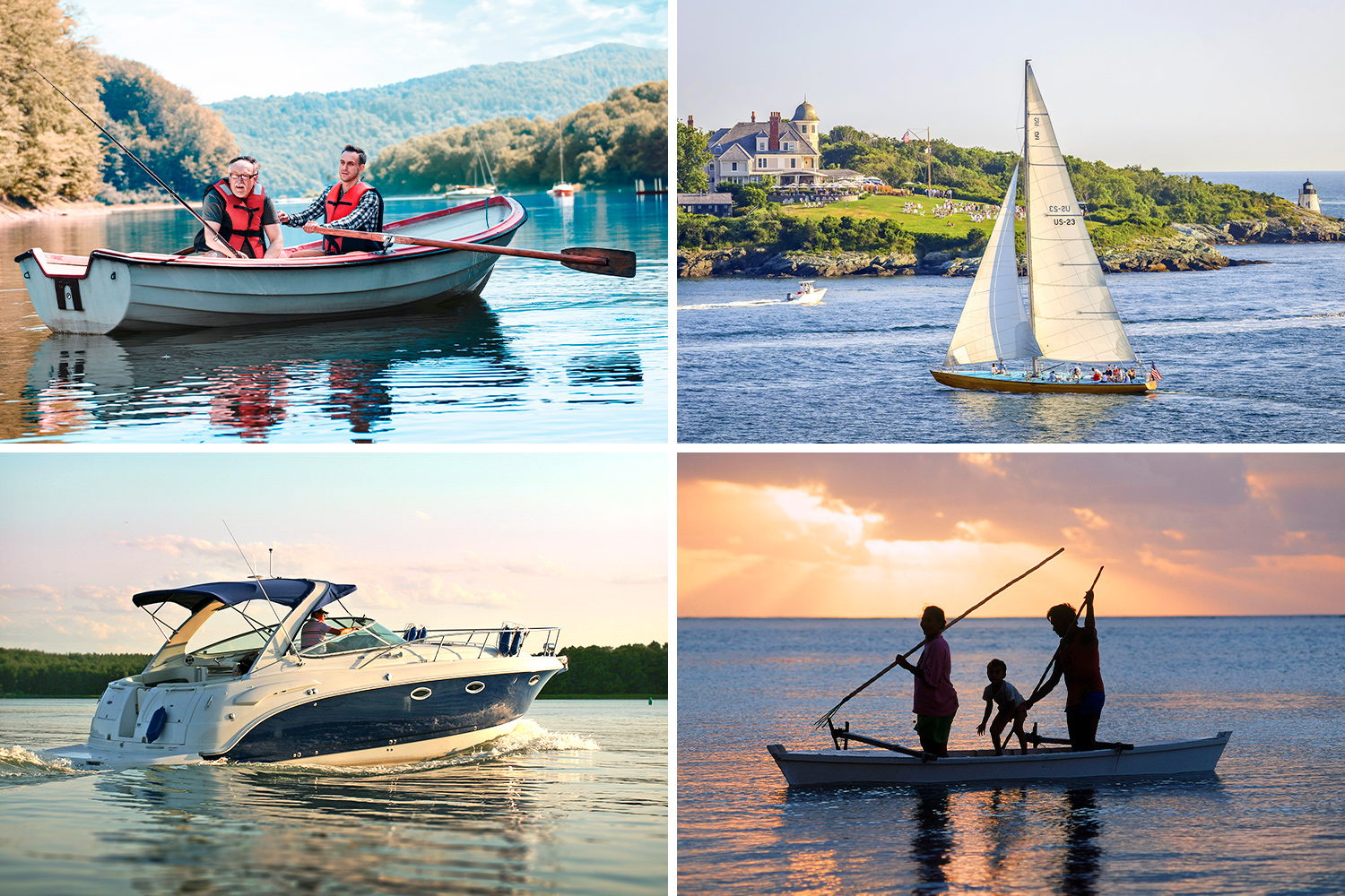 A rowboat, a sailboat, a motorboat, and a canoe are shown.