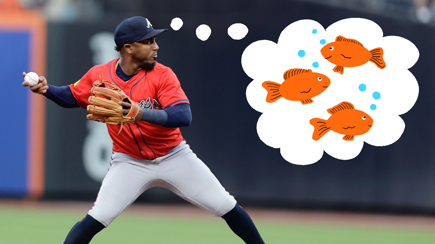 Ozzie Albies stands on a field poised to throw a baseball, and a thought bubble shows an illustration of three fish.