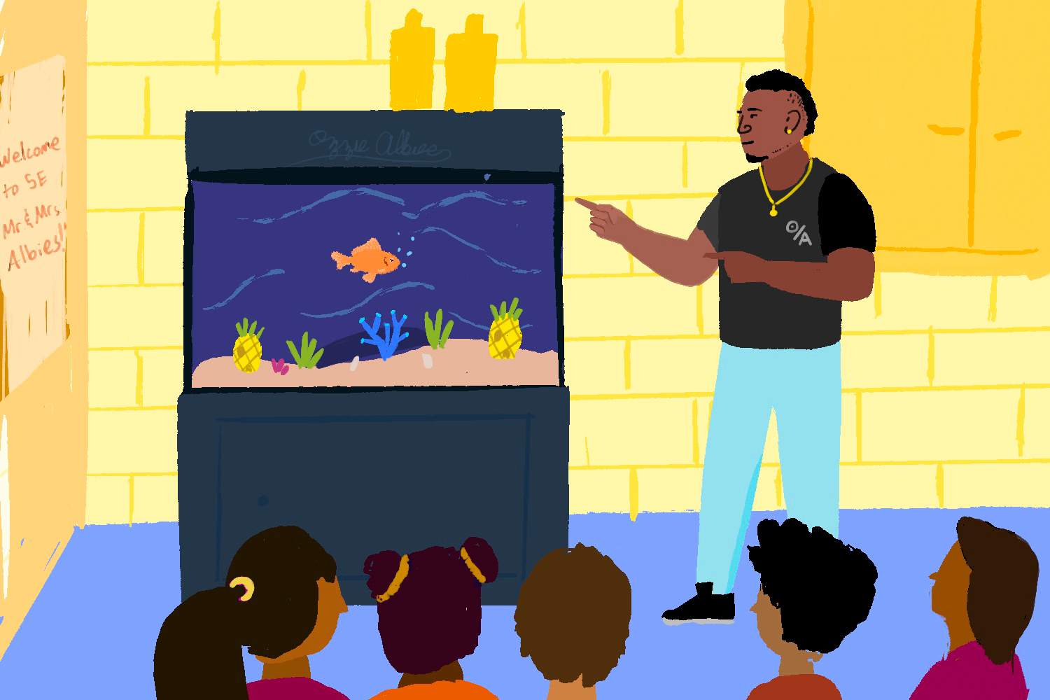 An illustration shows Ozzie Albies standing in front of a group of students and pointing to a large fish tank with a goldfish.