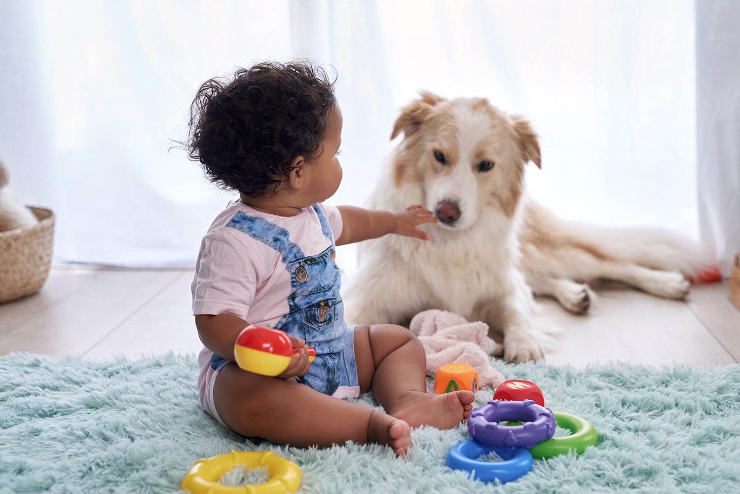 A baby sits on a rug with toys and reaches out to a dog that is lying nearby.