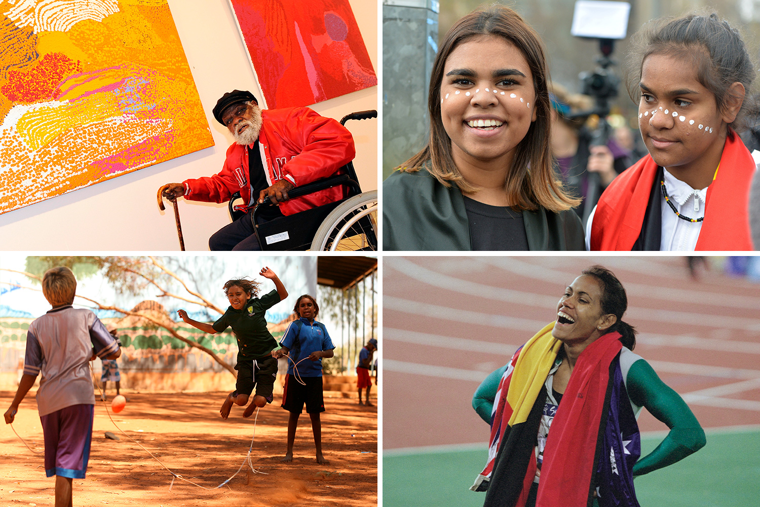 A composite shows Aboriginal painter Yannima Tommy Watson sitting in a wheelchair next to his painting in a gallery, two women who are Aboriginal or Torres Strait Islander smiling in front of a crowd, three children jumping rope in a schoolyard, and Cathy Freeman smiling near a running track with an Aboriginal flag on her shoulders.