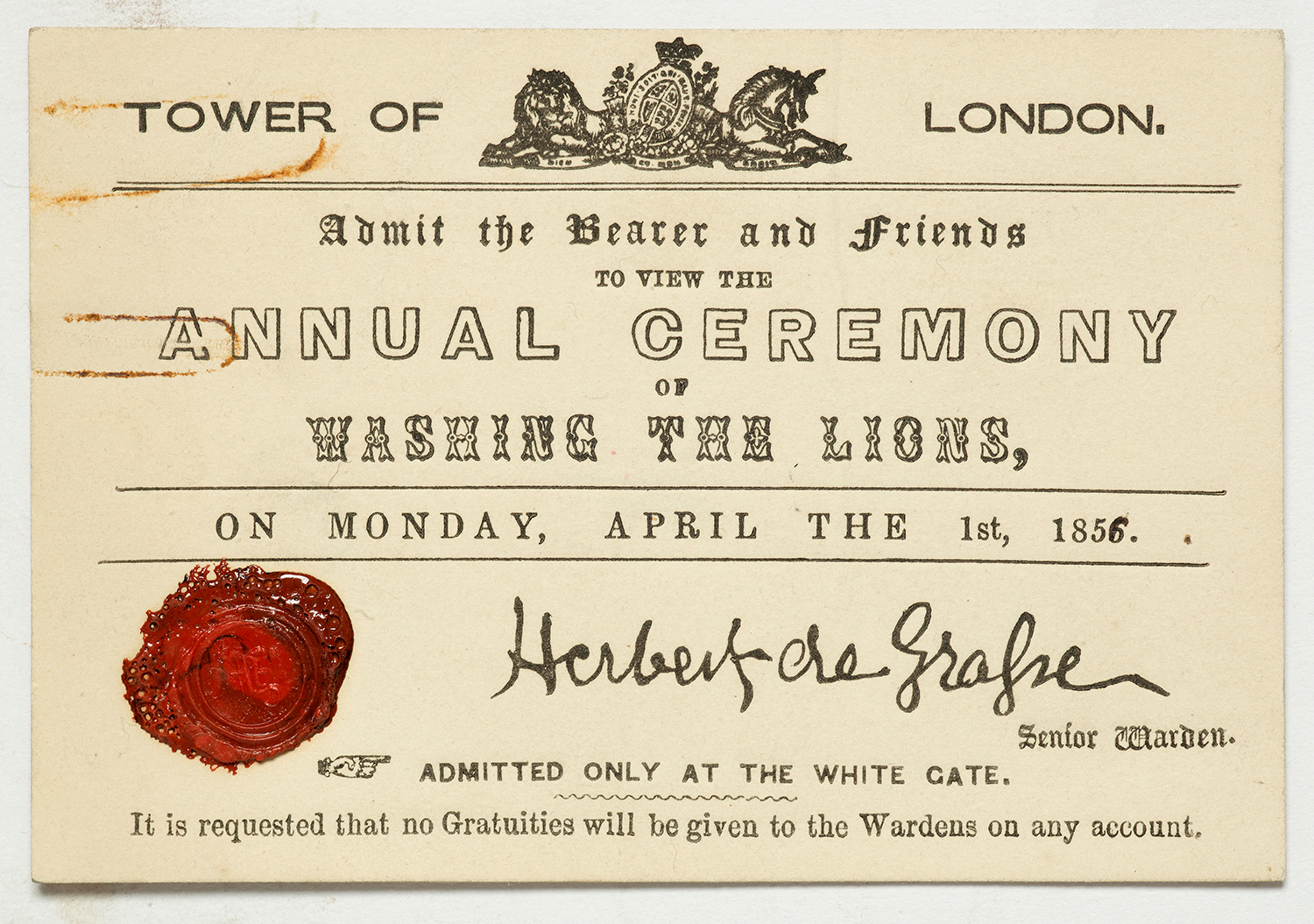 A ticket says it will admit the bearer and friends to the Annual Ceremony of Washing the Lions.