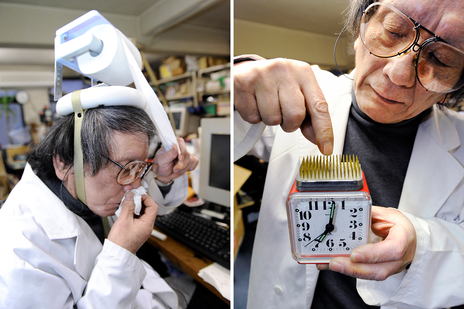 Kenji Kawakami wears a hat with a roll of toilet paper at the top and pulls on the toilet paper to blow his nose; Kenji Kawakami holds an analog alarm clock that has a bed of pins along the top.