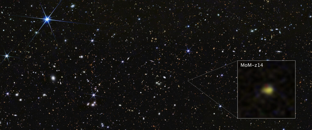 An image of the universe has an inset showing the location of the MoM z14 galaxy.