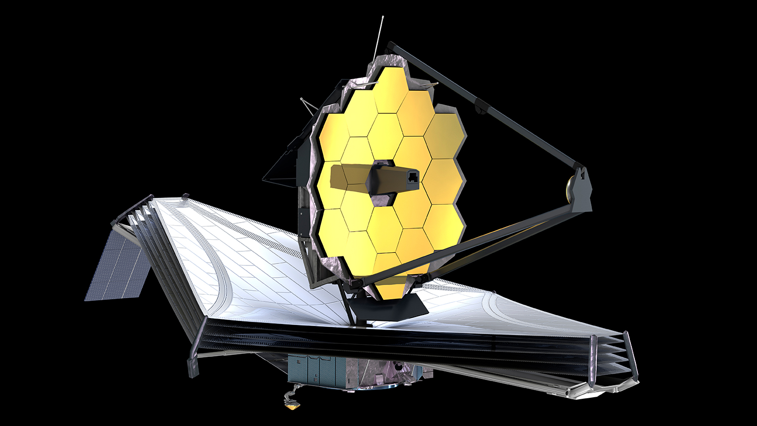 An illustration of the large James Webb telescope shows how it looks in space.