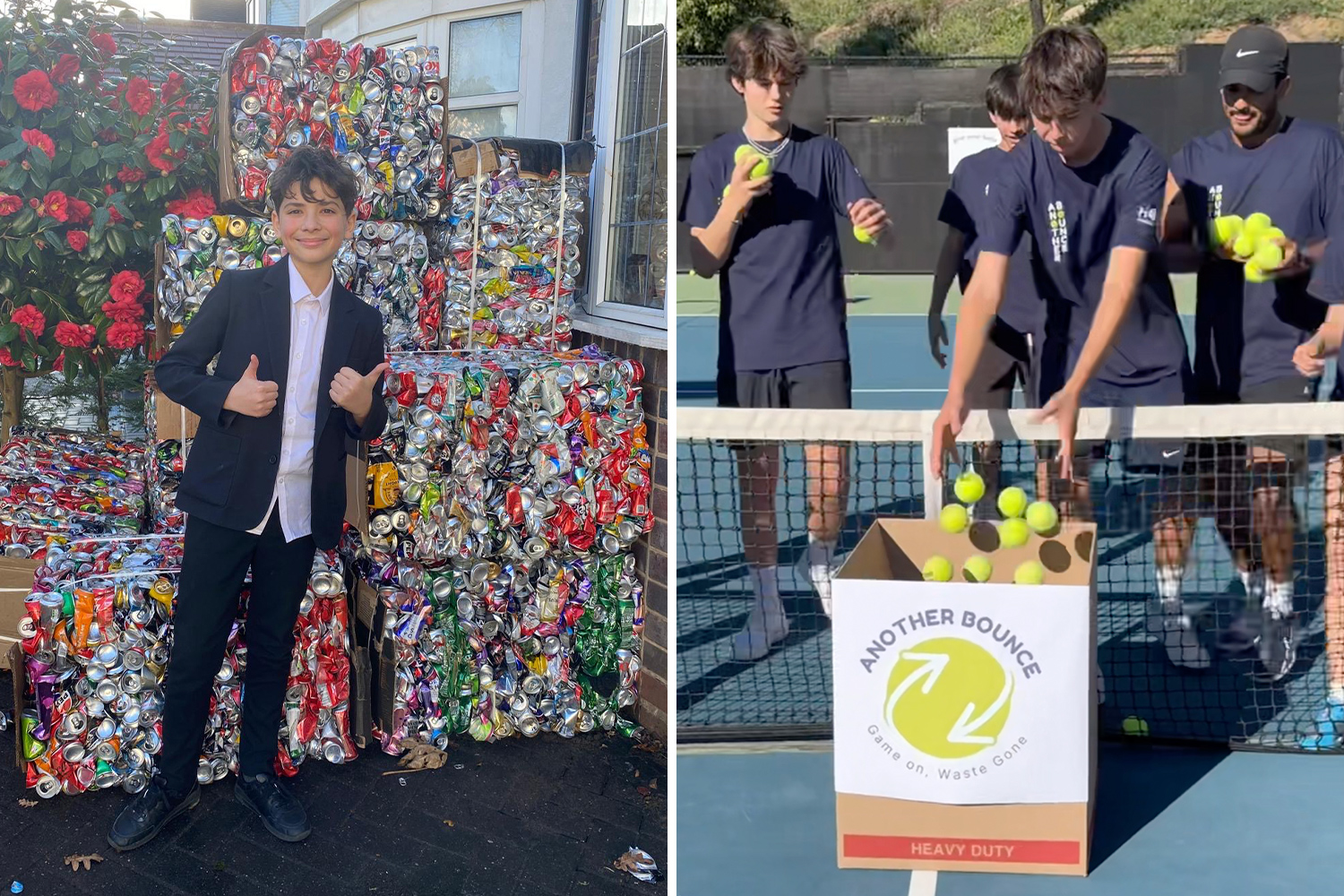 On left, Ryan Hulance stands in front of many containers of crushed cans and gives two thumbs up; on right, four teens stand on a tennis court and put tennis balls into a box that says Another Bounce.