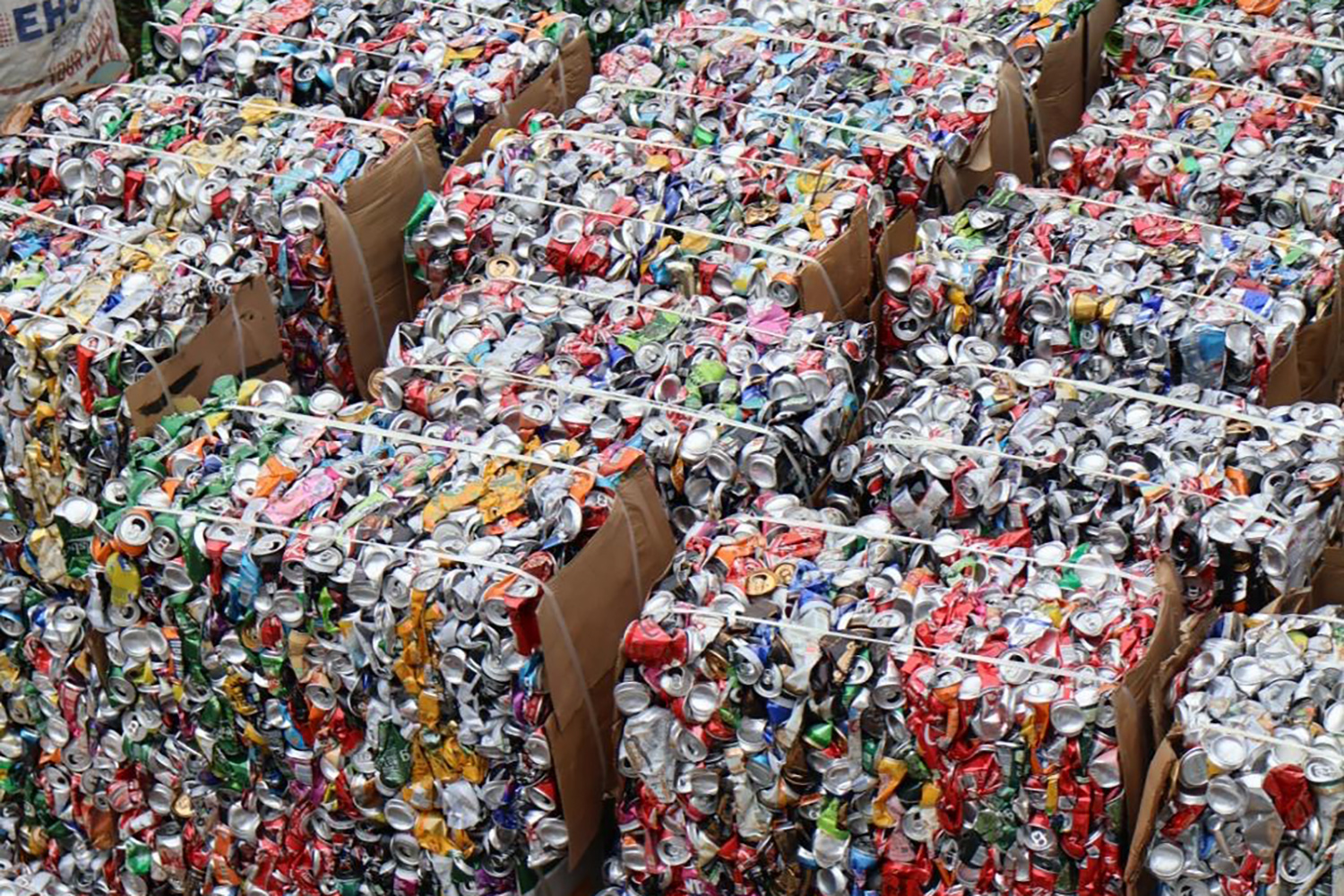 Hundreds of crushed cans have been collected and placed in boxes for recycling.