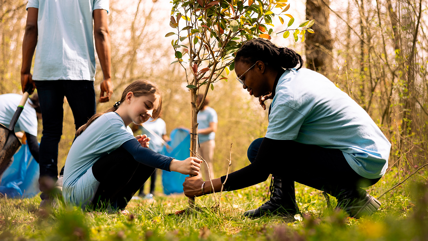 An adult and a child plant a young tree together as other people plant trees and pick up trash in the background.