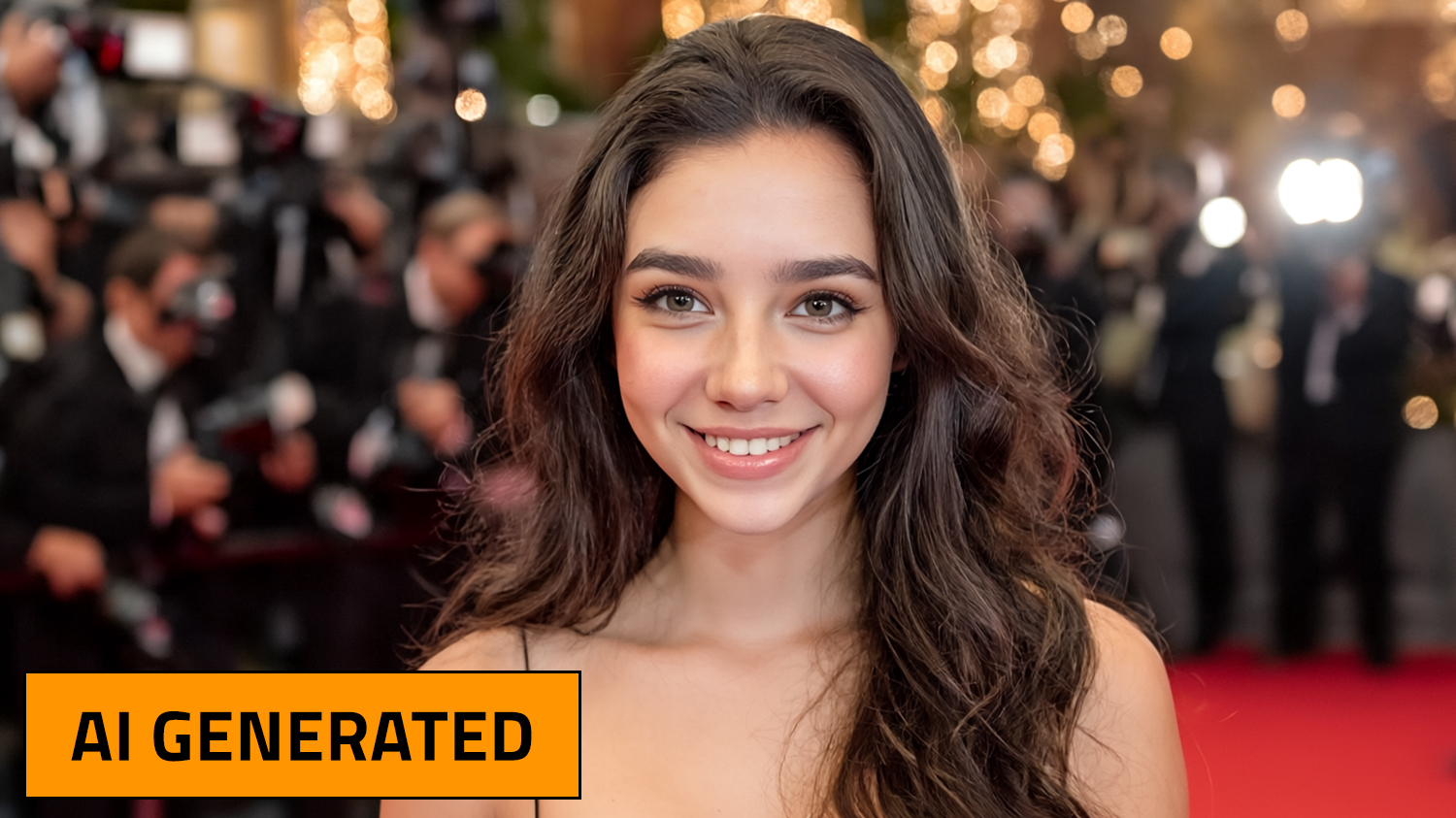 Closeup of a smiling young woman with long brown hair and with a red carpet and photographers in the background.