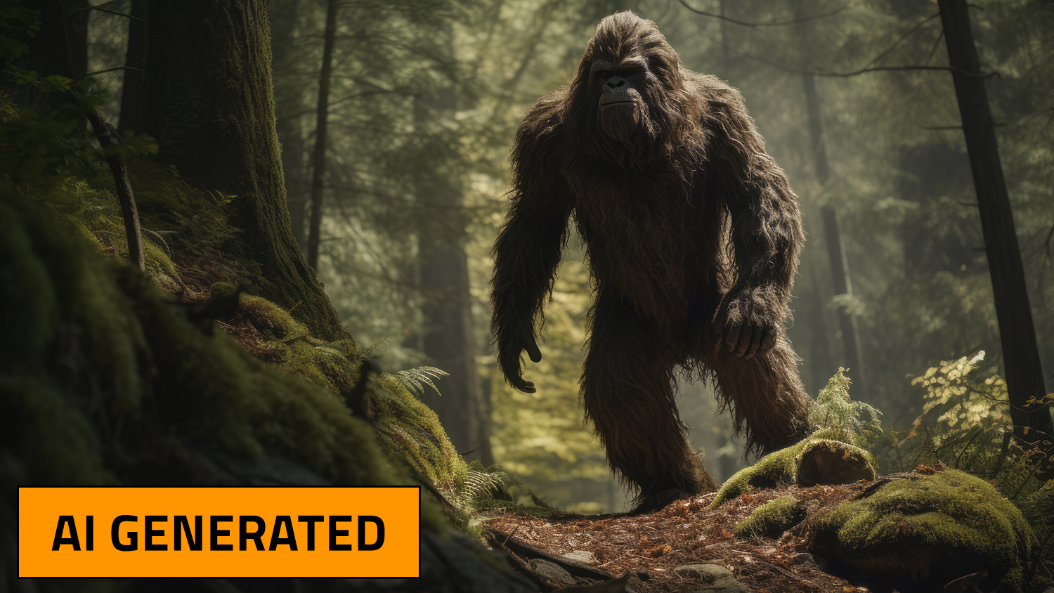 An image showing a sasquatch in a forest has a label that says it is AI generated.