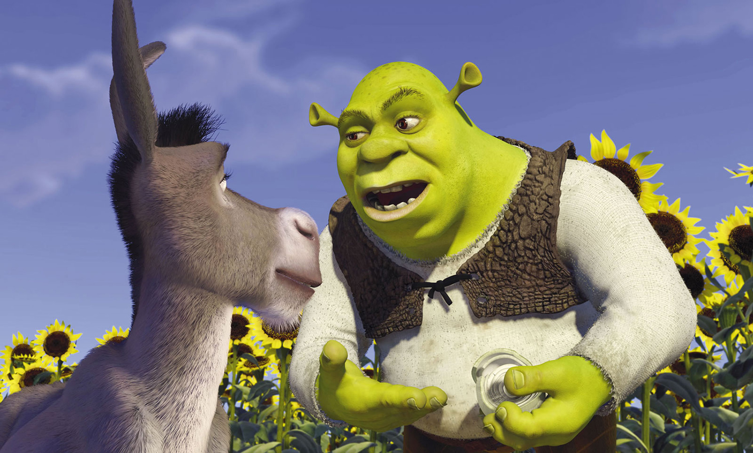 A scene from the movie Shrek shows Shrek the ogre talking to Donkey.
