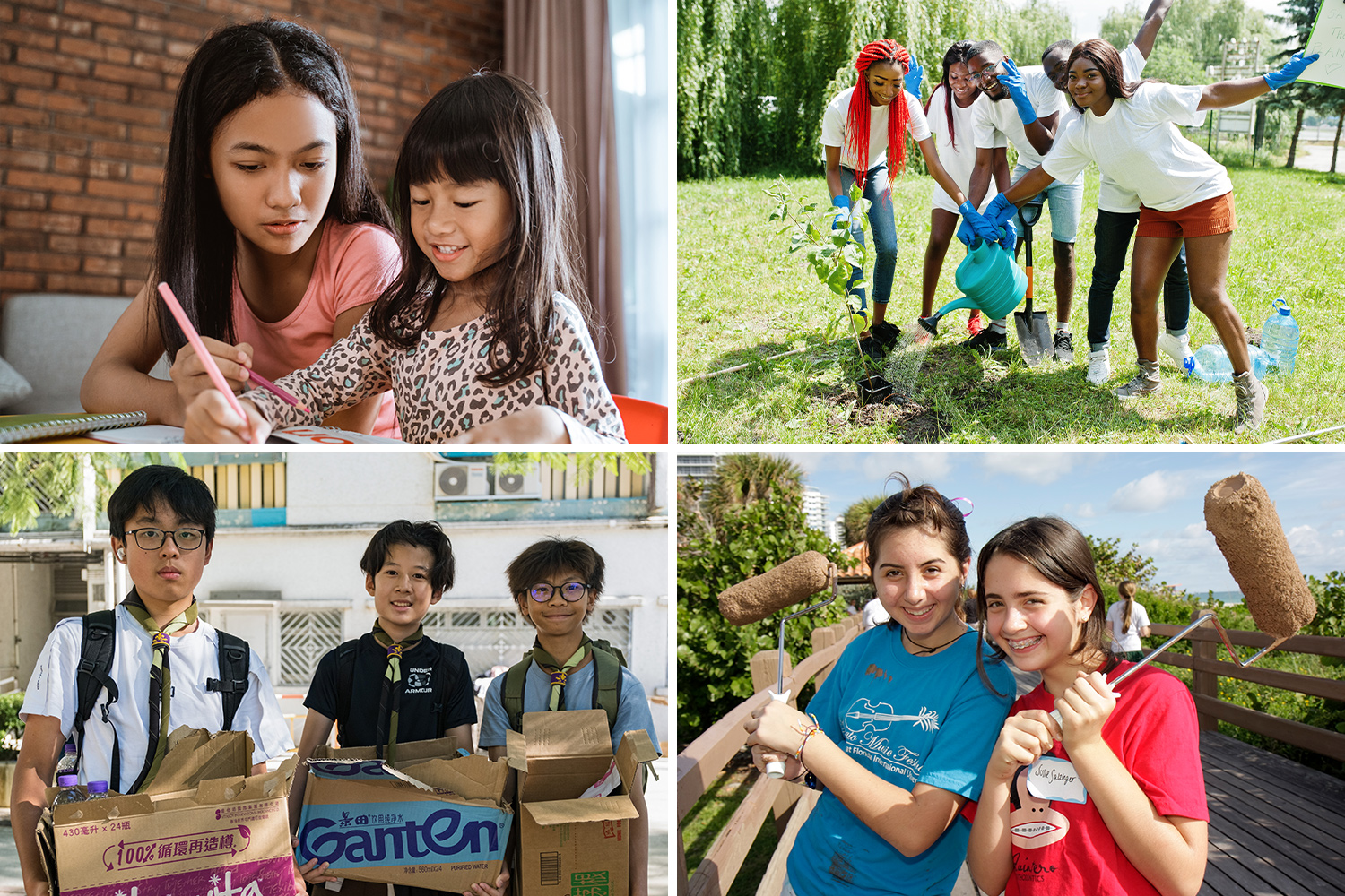 (Clockwise from top left): A child helps a sibling with homework, a group of young people plant and water a young tree, two young people stand on a boardwalk holding paint rollers, and three scouts hold donation boxes.