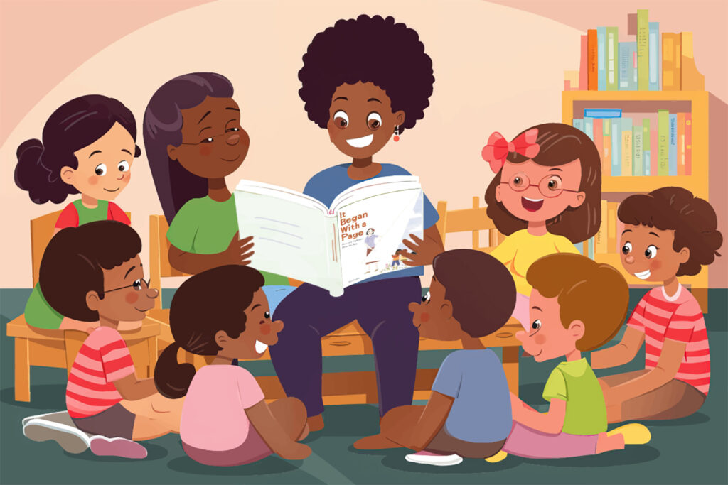 An adult reads It Began with a Page to a diverse group of children.