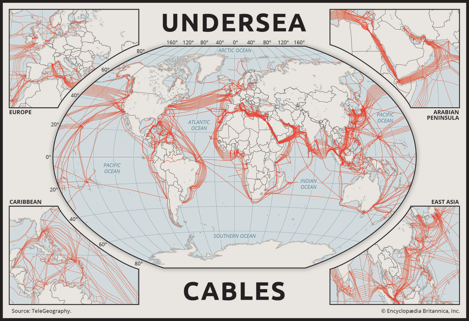 A world map shows many undersea cables crossing all oceans and going around the edges of continents.