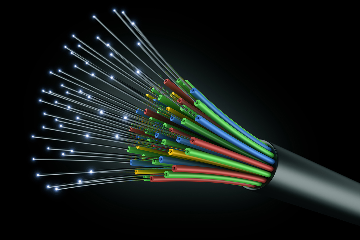 An illustration shows tiny fibers sticking out from inside a fiber optic cable.