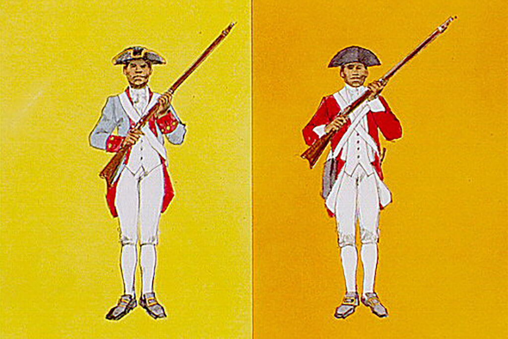 A Black soldier dressed in a Continental Army uniform next to a Black soldier dressed in a British Army uniform