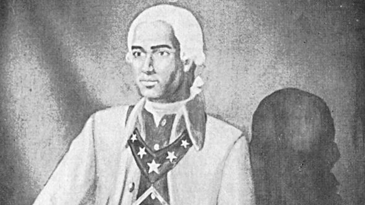 Prince Hall wears a Freemasons symbol around his neck and a powdered wig.