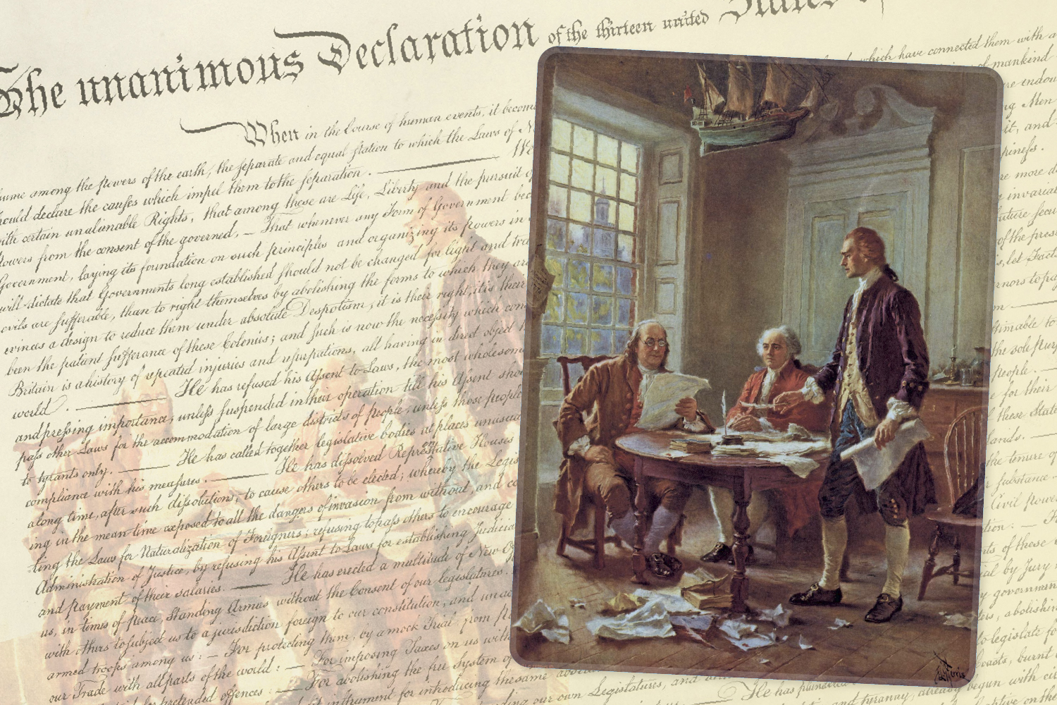 Benjamin Franklin, John Adams, and Thomas Jefferson sitting at a table working on the Declaration of Independence over the words of the Declaration.
